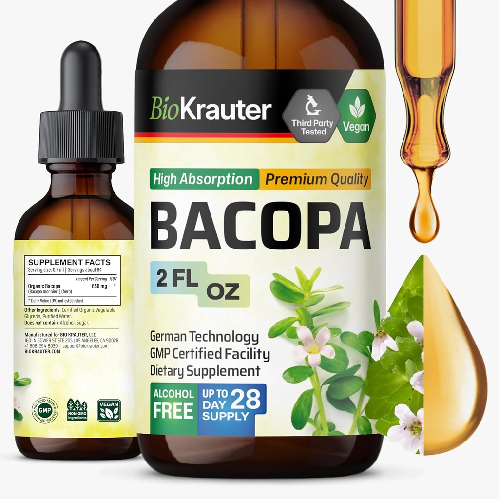 BIO KRAUTER Bacopa Monnieri Drops - Apoyo al cerebro Brahmi Supplements - Liquid Bacopa Supplements - Alcohol &amp; Sugar Free - Vegan 2 Fl.Oz.