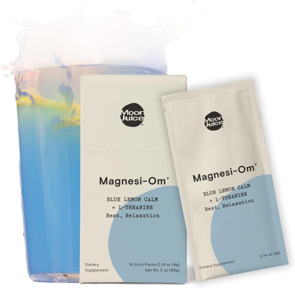Moon Juice - Magnesi-Om, Blue Lemon - Sticks (18 Servings) - Soporte Brain Health, Rest - Magnesium Powder - L-Theanine - Regularity - Compostable - 100% Traceable - Vegan, Non GMO - 0.14oz