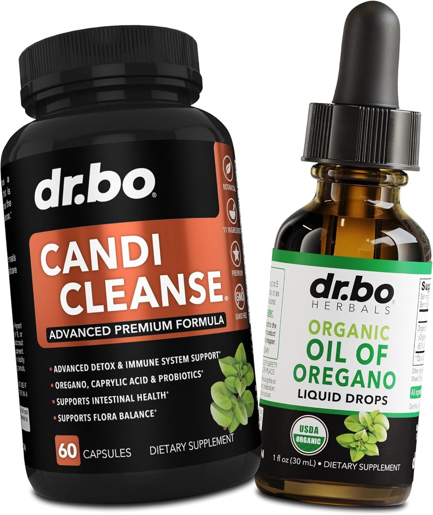 Candi Cleanse & Oregano Oil Drops - Extra Strength Probiotic Complex Cleanser & Organic Liquid - Natural Oral Herbal Caprylic Acid Capsules & Oil of Oregano Drops Tincture Extract