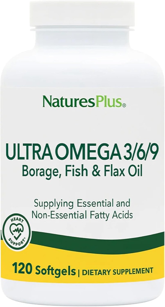 Natures Plus Ultra Omega 3 6 9-1200 mg, 120 Softgels - Borage Oil, Fish Oil, Flax Oil Supplement - Gluten-Free - 120 Servings