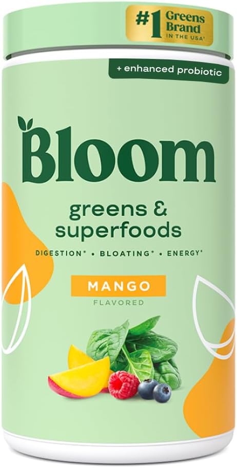 Bloom Nutrition Superfood Greens Powder, Enzymes Digestivos con Probióticos y Prebióticos, Gut Health, Bloating Relief for Women, Chlorella, Green Juice Mix with Beet Root Powder, 60 SVG, Mango