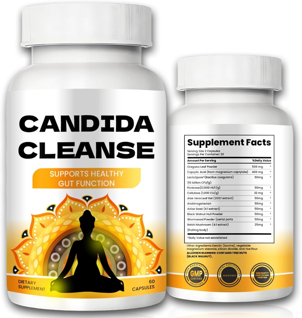 Candida Cleanse - Soporte Gut & Colon, Fórmula avanzada - Hoja de orégano, Wormwood, Nogal Negro, Ácido caprílico