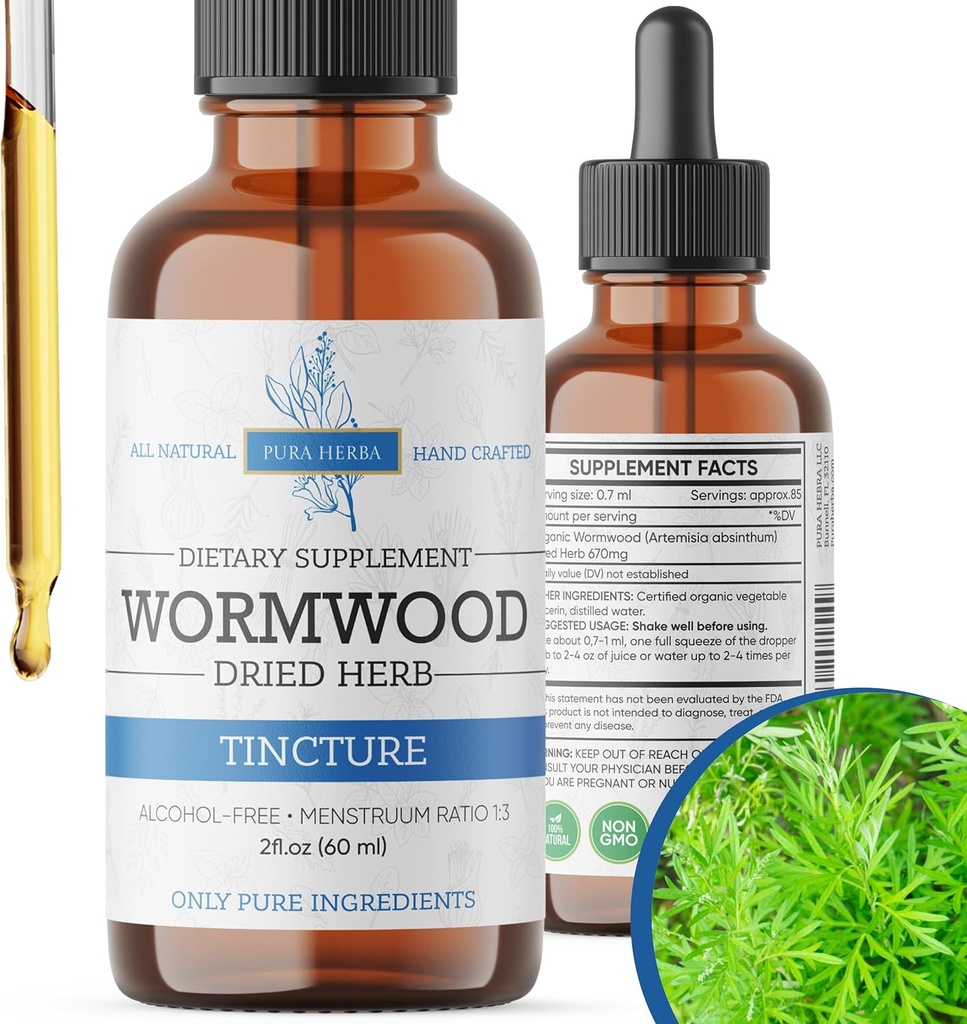 Wormwood Organic Tincture - Suplemento Herbal para la Salud Digestiva y Soporte Gut - Limpieza Natural - Alcohol-Free, Made in USA, 2 Fl Oz