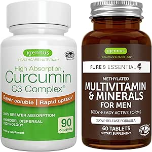 Multivitamínico &amp; Minerales para Hombres + Complejo de Curcumina de Alta Absorción C3, Bundle Vegan, Sostened Release Advanced Multivitamin + 300% Mayor Absorption Curcuminoids with Rapid Uptake, by Igennus