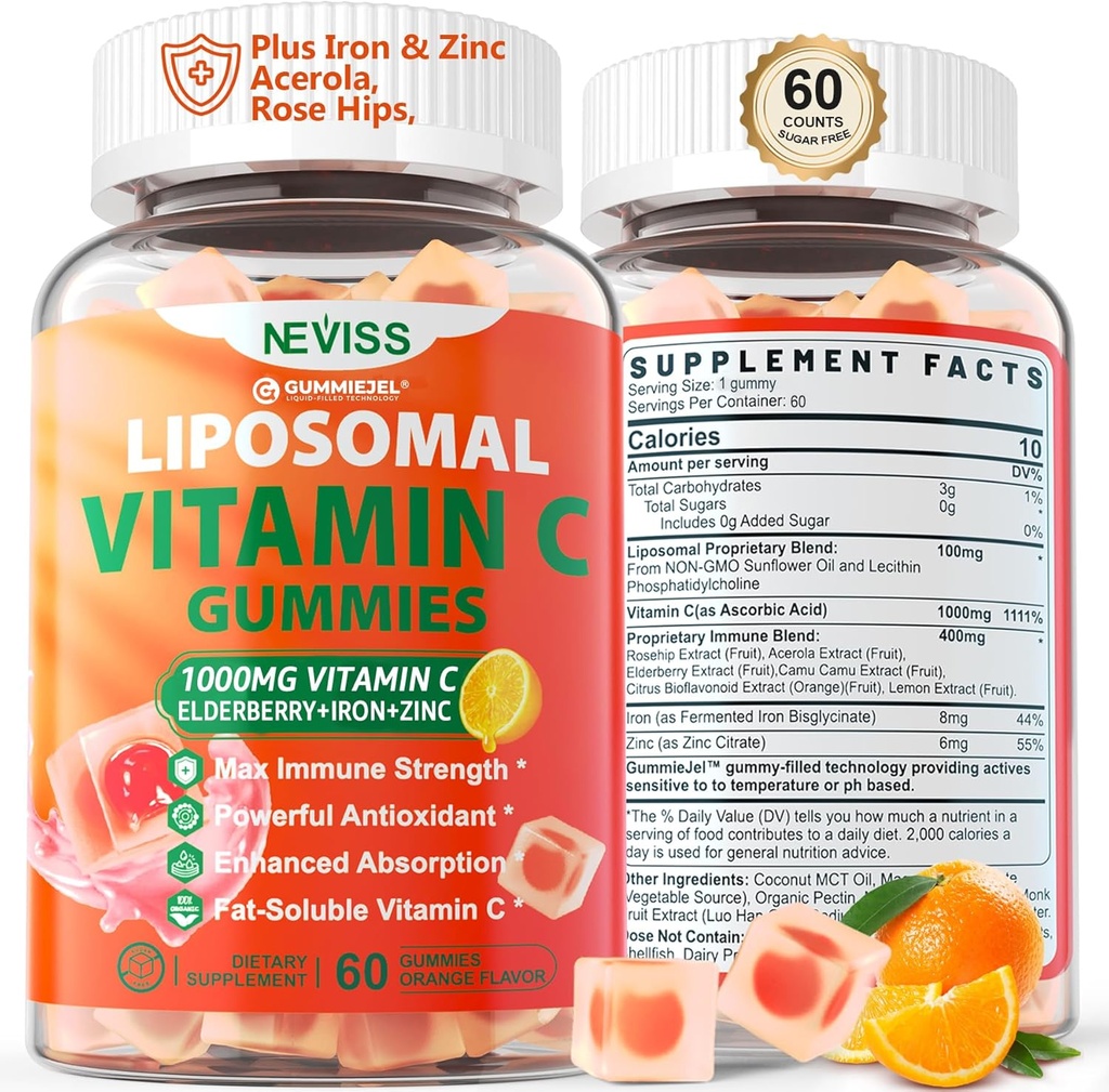 Vitamina Liposomal C 1000mg Gummies para adultos - Vitamina C Chewable 1500mg con 8mg Iron, Zinc & Elderberry - Apoyo Inmune, Suplemento de Booster Inmune - para la energía, Booster Collagen, 1Pack Sugar Gratis