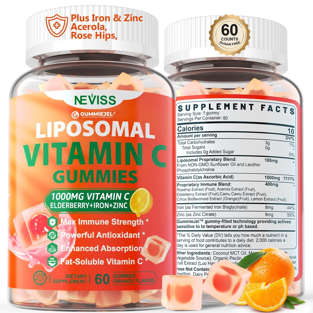 Vitamina Liposomal C 1000mg Gummies para adultos - Vitamina C Chewable 1500mg con 8mg Iron, Zinc & Elderberry - Apoyo Inmune, Suplemento de Booster Inmune - para la energía, Booster Collagen, 1Pack Sugar Gratis