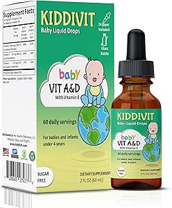 Kiddivit Baby Vitamin A&D Liquid Drops with Vitamin E – Gentle Immune & Vision Support Supplement – 60 Daily Servings, Dropper Included, Glass Bottle – Sugar Free, Gluten Free, Vegetarian, 2oz