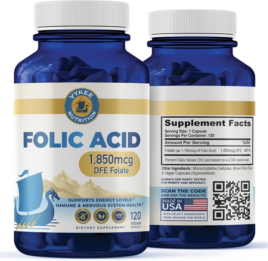 Folic Acid Supplement – High-Potency Vitamin B9 1,870mg DFE Folate, 1.100mg Folic Acid ¦ Vegan, Non-GMO ← Apoya la salud celular, la producción de energía y el bienestar prenatal TEN 120 Capsules