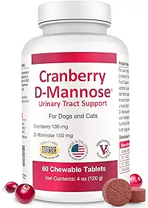 Cranberry D-Mannose Urinary Tract Supplement for Dogs & Cats – Bladder & UTI Health Support – Cranberry Extract, D-Mannose & Vitamin C–Promotes Urinary Wellness & Kidney Function – 60 Chewable Tablets