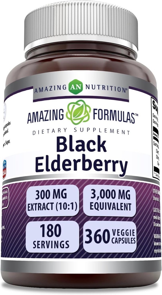 Amazing Formulas Sambucus Black Elderberry ← 300 Mg Extracto 10:1 (3000 Mg Equivalente) Silencio Veggie Capsules ← Non-GMO TEN Gluten-Free TEN Made in USA (1 Pack, 360 Conde)