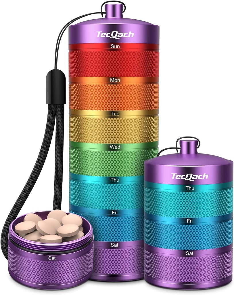 Organizador de Píldora de Metal, Caja de Píldora Semanal impermeable, Aleación de aluminio grande Contenedor de caja de Píldora portátil, BPA gratis 7 días de medicina diaria Organizador de Holder para vitamina, suplemento, aceite de pescado (7 colores)