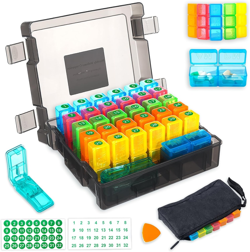 Organizador mensual de píldoras 2 veces al día con caja resistente a la humedad de 31 días, bolsa semanal de píldoras, cortador de píldoras, elija de apertura de plástico para uso fácil, gran capacidad para la gestión de medicamentos convenientes (negro)