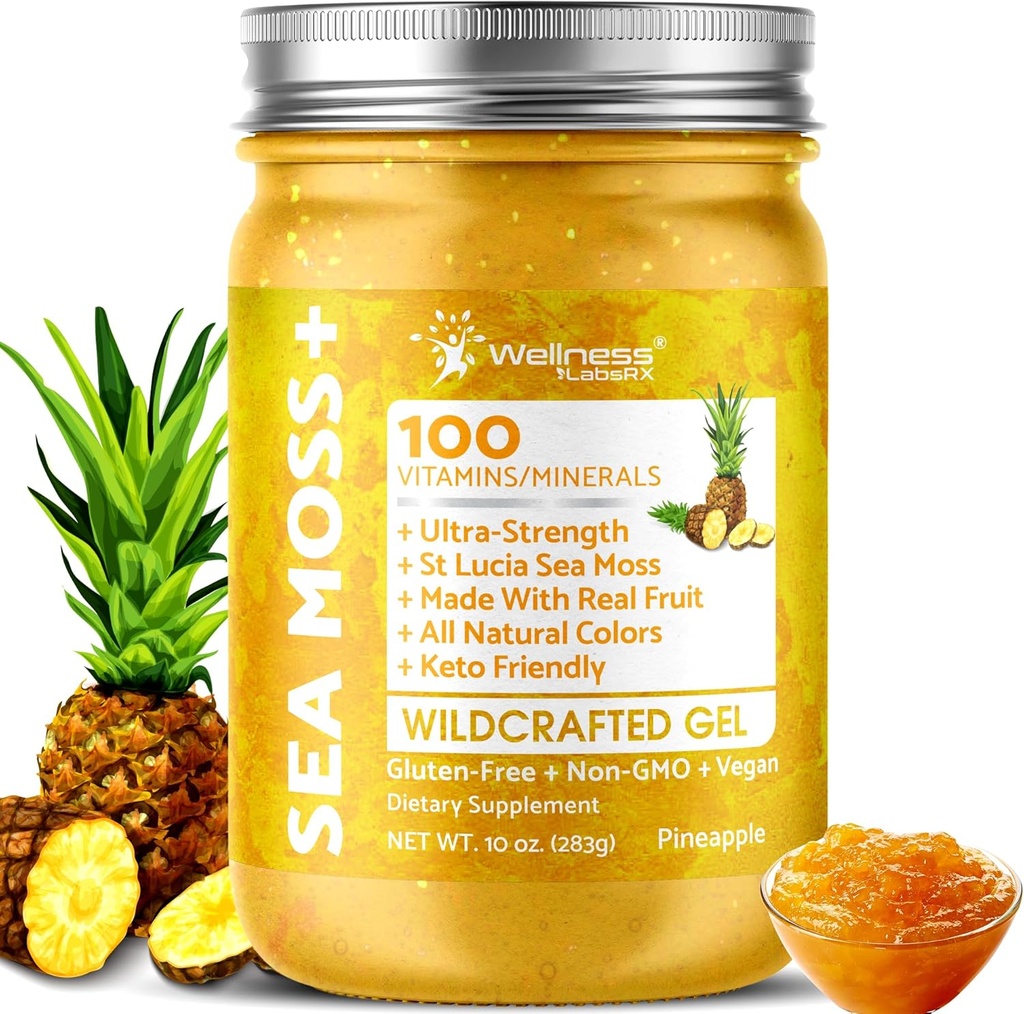 WELLNESS LABSRX Irish Sea Moss Gel Raw - Wildcrafted Superfood Seamoss Gel - Pineapple Flavor, Vitamina y Mineral-Rich de Pristine Caribbean Waters, Immune y Digestive Health Support - 10 oz.