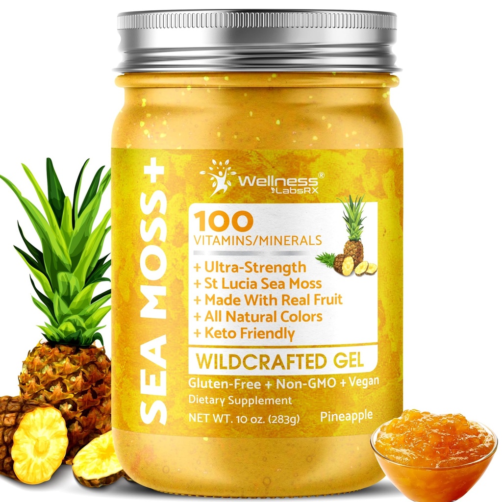 WELLNESS LABSRX Irish Sea Moss Gel Raw - Wildcrafted Superfood Seamoss Gel - Pineapple Flavor, Vitamina y Mineral-Rich de Pristine Caribbean Waters, Immune y Digestive Health Support - 10 oz.