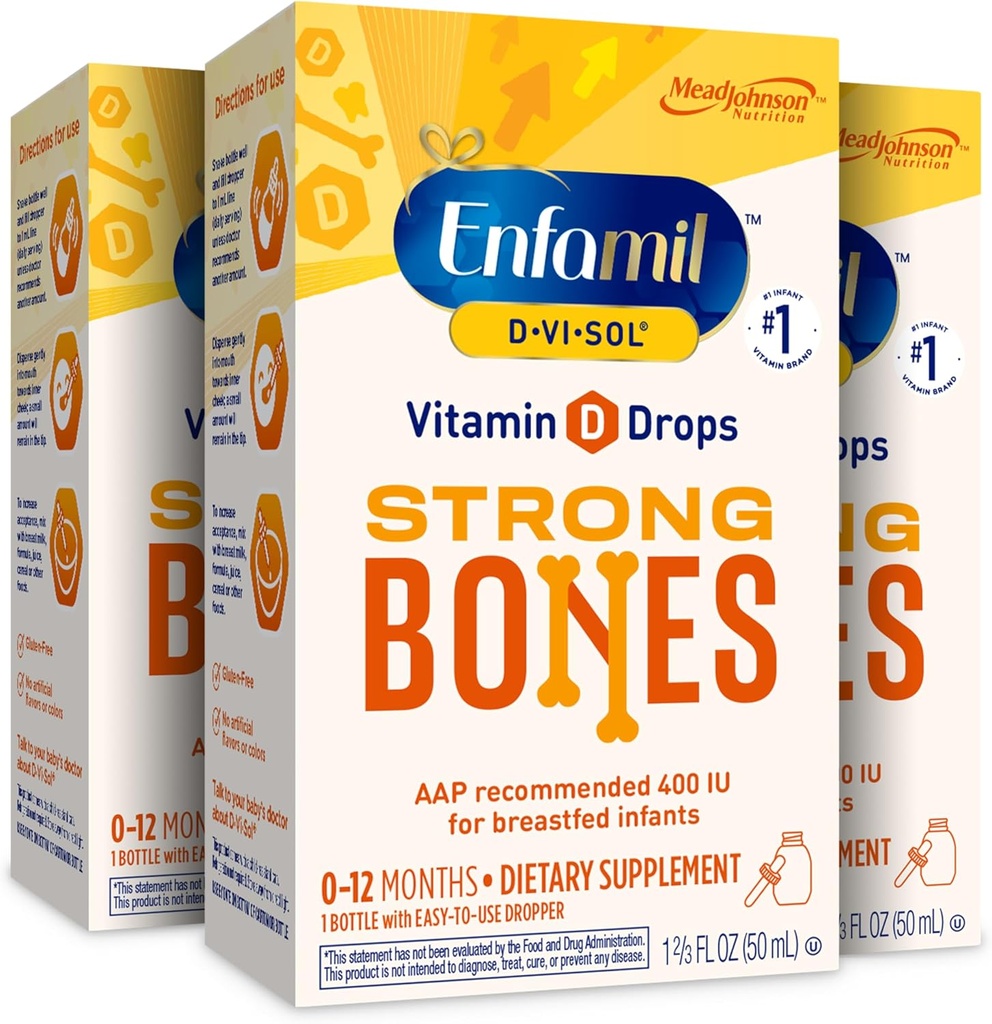 Enfamil Baby Vitamin D-Vi-Sol Vitamin D Liquid Supplement Drops for Infants, Supporting Strong Teeth & bones in Newborn Babies, Easy-to-Use, Gluten-Free, 50 mL Dropper Bottle, Pack of 3