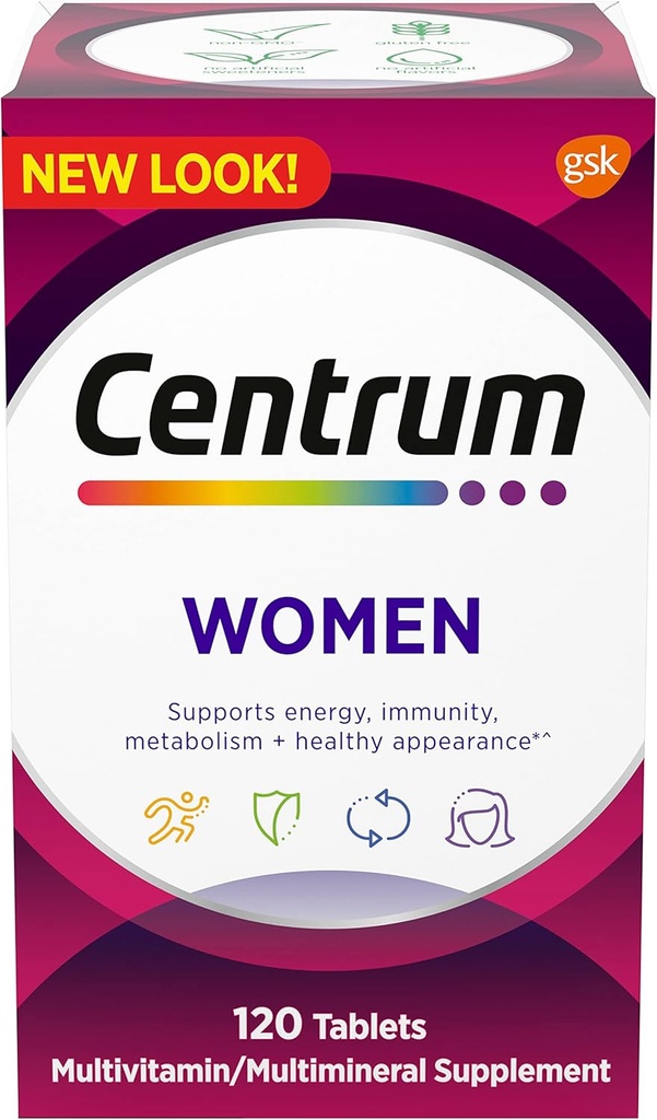 Centrum Multivitamínico para Mujeres, Multivitamina/Multimineral Suplemento con Hierro, Vitamina D3, B Vitaminas y Antioxidantes Vitaminas C y E, Gluten Libre, Ingredientes No GMO - 120 Conde