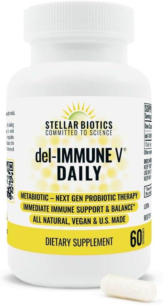 Del-Immune V Daily by Stellar Biotics, All-Natural Immune Support & Gut Health, Immediate Care, Metabiotic: NextGen Probiotic Therapy (60 Caps)