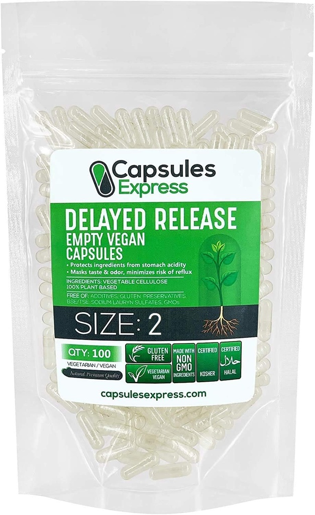 XPRS Nutra Delayed Release Size 2 Empty Capsules - 100 Count Clear Empty Vegan Capsules - Vegetarian Pills - DIY Vegetable Capsule Filling - Fillable Veggie Gel Caps for Do-It-youself Supplements