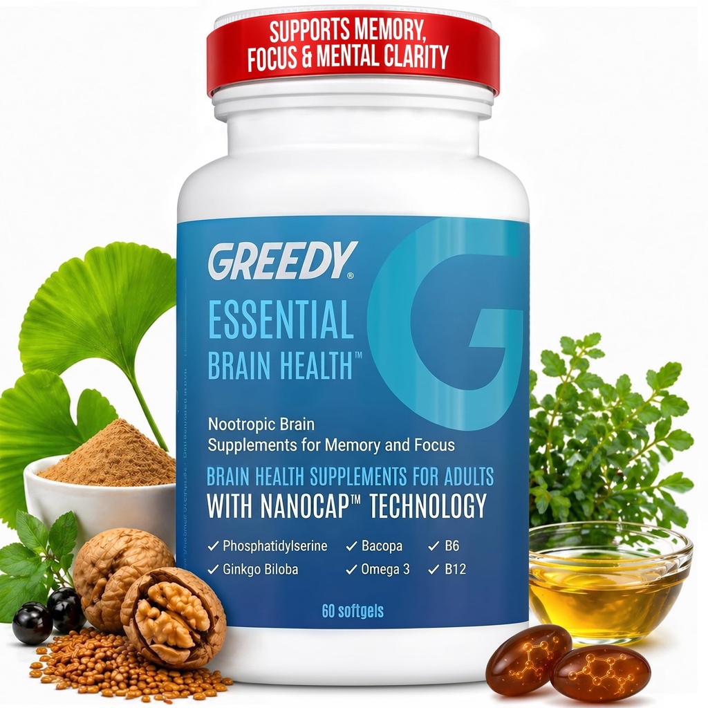 Suplementos cerebrales nootrópicos para memoria y foco – Suplementos de salud cerebral para adultos con tecnología NanoCap®, Phosphatidylserine, Bacopa, Ginkgo Biloba, Omega 3, B6 B12, 60 Softgels por Greedy®