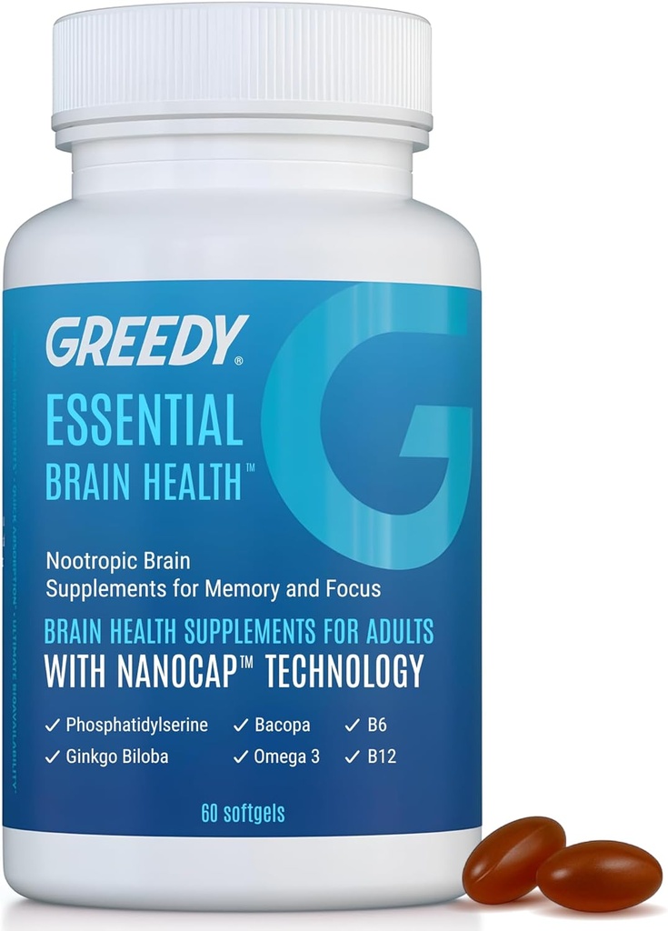 Suplementos cerebrales nootrópicos para memoria y foco – Suplementos de salud cerebral para adultos con tecnología NanoCap®, Phosphatidylserine, Bacopa, Ginkgo Biloba, Omega 3, B6 B12, 60 Softgels por Greedy®