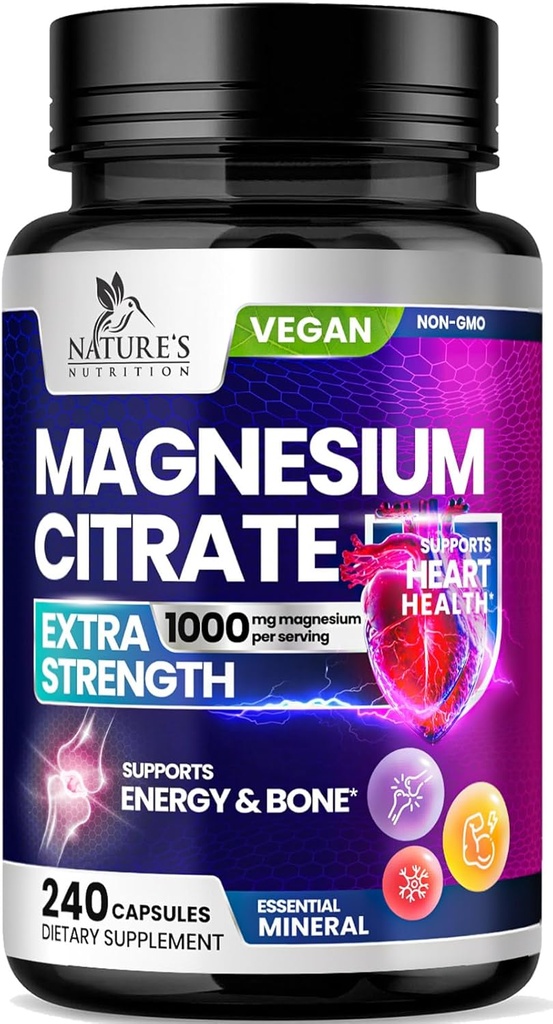 Suplemento de Citrato de Magnesio Píldoras 1000mg - 3X Strength Magnesium Suplementos para Bone, Muscle, Heart, Nature's Sleep Support for Men &amp; Women, Vegan Mag Mineral, Non-GMO, Botellado en EE.UU., 240 cápsulas