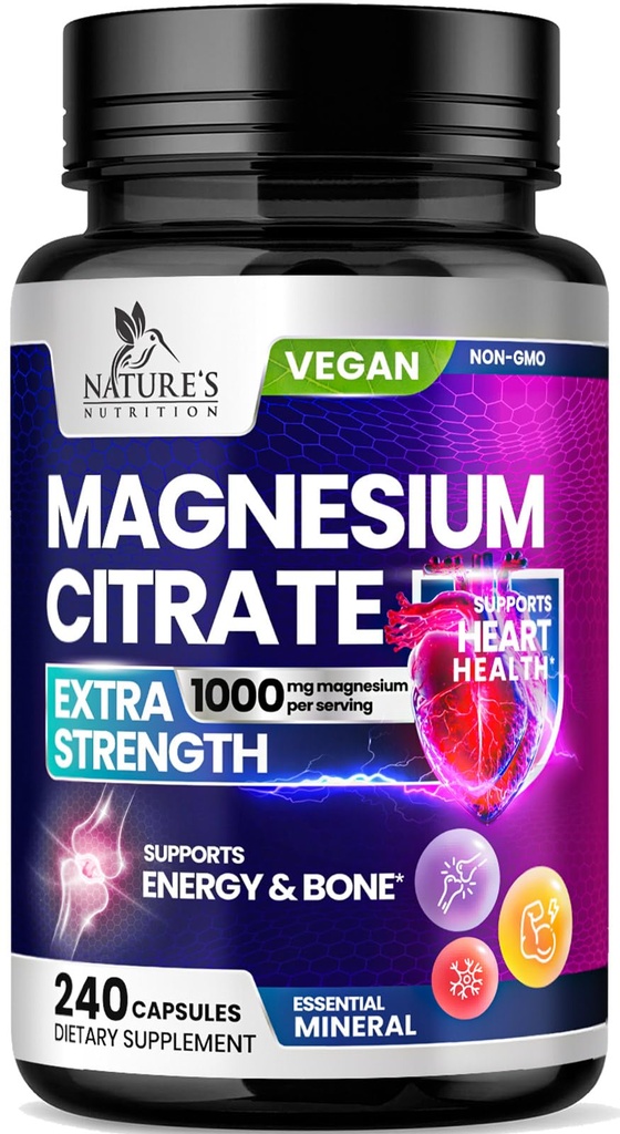 Suplemento de Citrato de Magnesio Píldoras 1000mg - 3X Strength Magnesium Suplementos para Bone, Muscle, Heart, Nature's Sleep Support for Men &amp; Women, Vegan Mag Mineral, Non-GMO, Botellado en EE.UU., 240 cápsulas