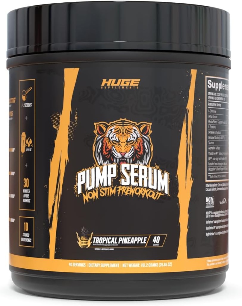 Suplementos enormes Pump Serum, Stim Free Pre Workout y Nitric Oxide Booster to Enhance Focus, Pumps, Fulness with No Caffeine, L-Citrulline, GlycerPump, L-Tyrosine, Nitrosigine (Tropical Pineapple)
