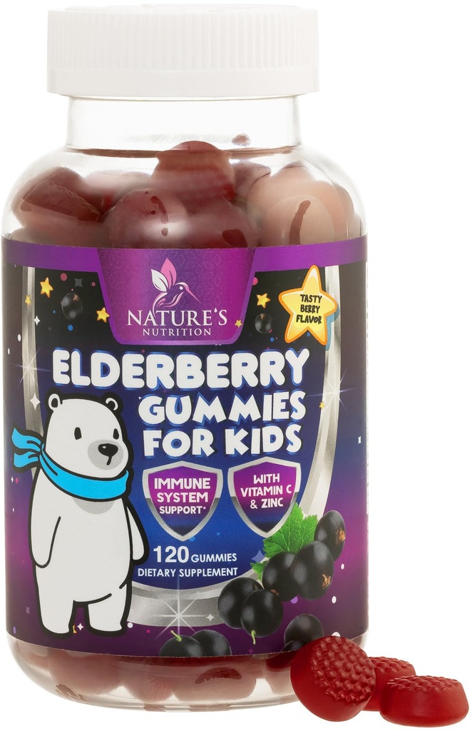 Kids Immune Support Elderberry Gummies - Daily Children's Vitamins C, Zinc &amp; Kids Immunity Support Gummy - Nature's Sambucus Elderberry Supplement, Vegan, Gluten-Free, Tasty Berry Flavor - 120 Gummies