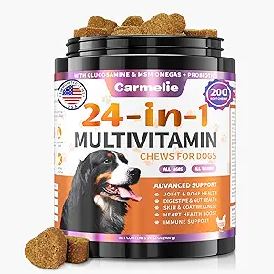 Vitaminas para perros, 24 en 1 Vitaminas y Suplementos para perros 200 Ajillas con Glucosamina Probióticos Omega-3 Multivitaminas para perros Ajíable para Hip &amp; Coat, Salud Inmune, Digestivo (Chicken)