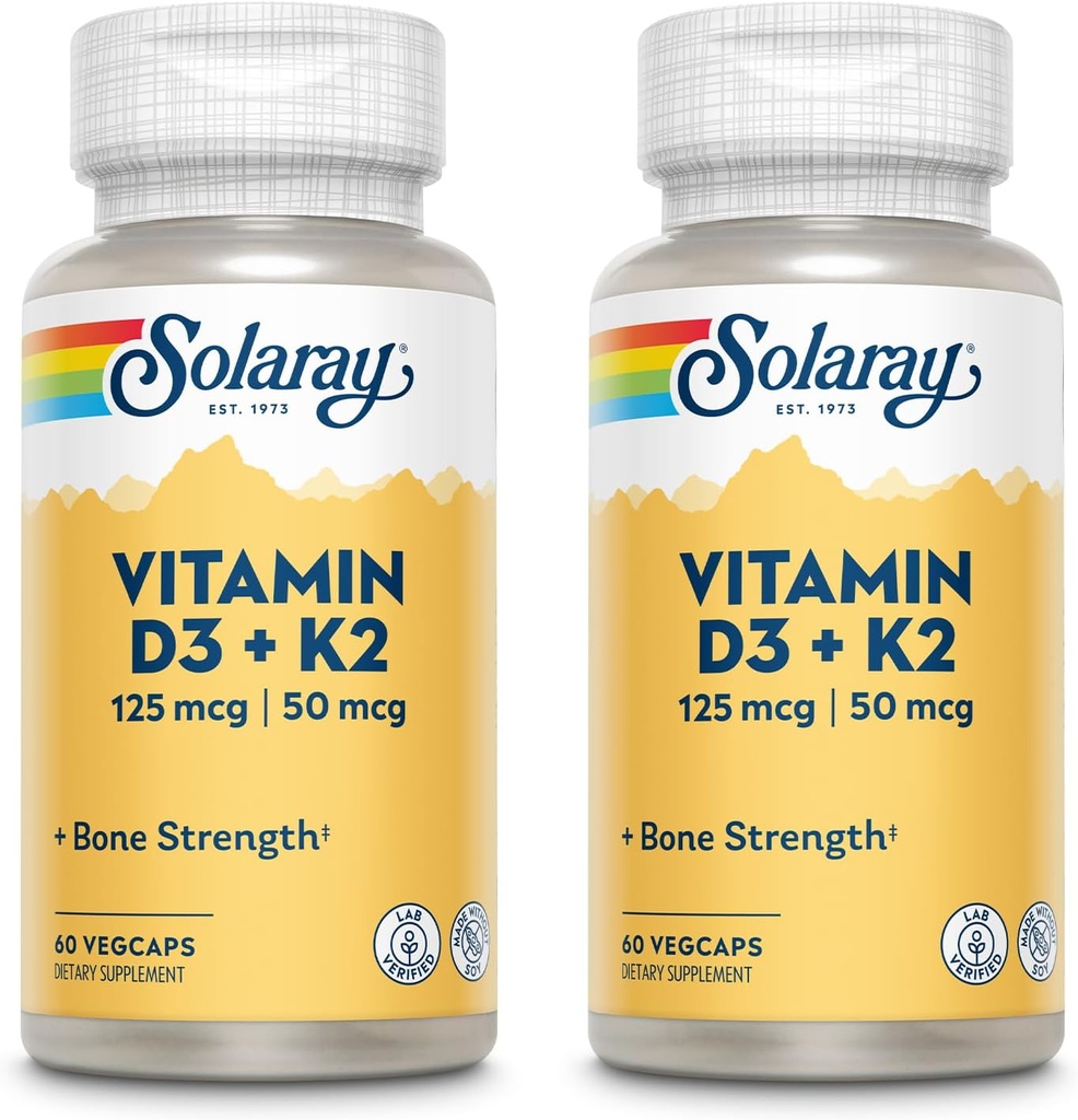 SOLARAY Vitamina D3 + K2, D &amp; K Vitaminas para Absorción y Apoyo al Sistema Cardiovascular Saludable &amp; Arteries, No GMO &amp; No Soy
