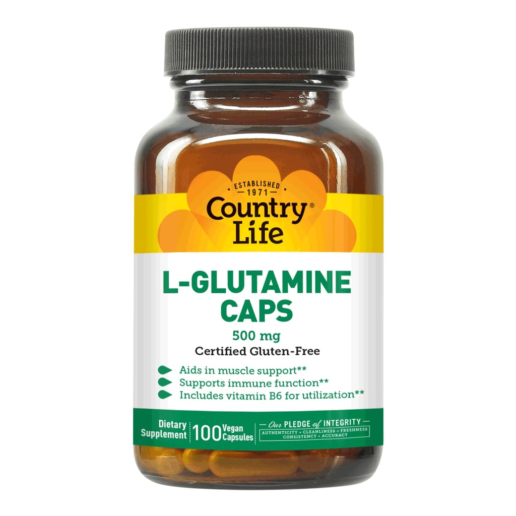 Country Life L-Glutamine 500 mg with B6 – Supports Muscle Recovery, Endurance & Athletic Performance – Vegan, Gluten-Free, Kosher Amino Acid Supplement – 100 Capsules