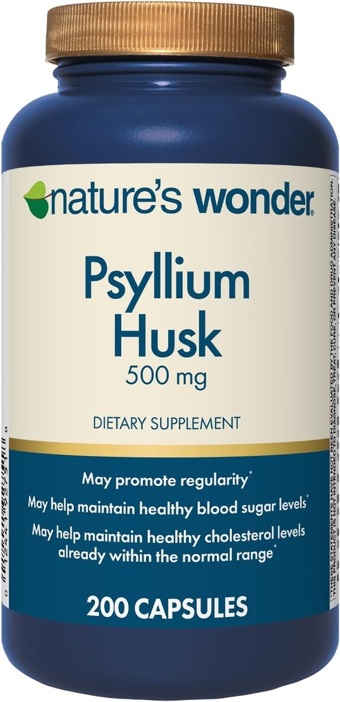 Maravilla de la naturaleza Psyllium Husk 500 mg cápsulas para la salud digestiva, fibra de base vegetal, 200 conteo
