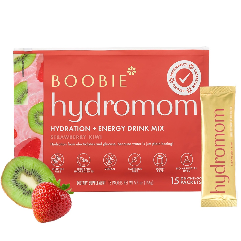 Boobie Hydromom Superfood Electrolyte Drink Mix, Strawberry Kiwi ← Refreshing Energy " Hydration Boost for Mamas TEN On-The-Go " Travel Essentials for Pregnancy, Lactation, " Beyond, 15 Packets