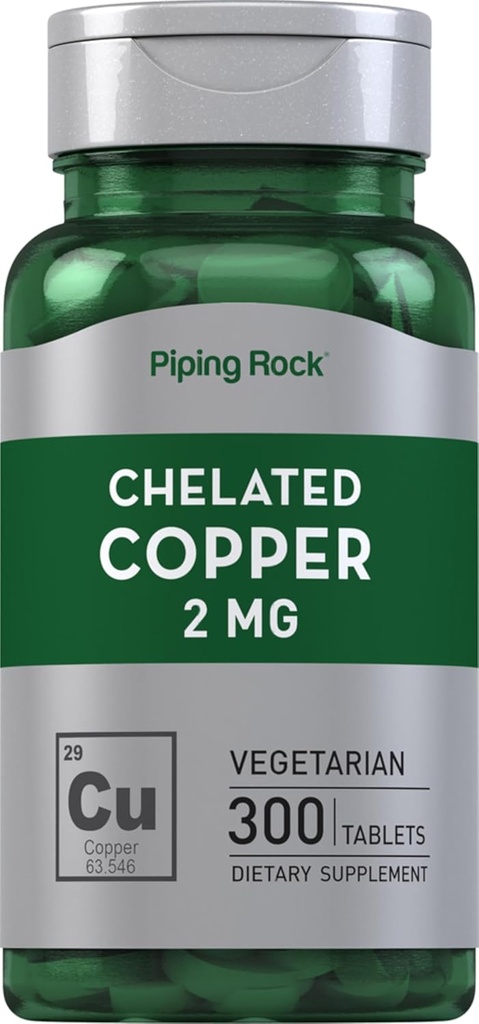 Piping Rock Chelated Copper 2 mg Suplemento Silencio 300 Tablets ← Vegetariano, No GMO, Gluten Free