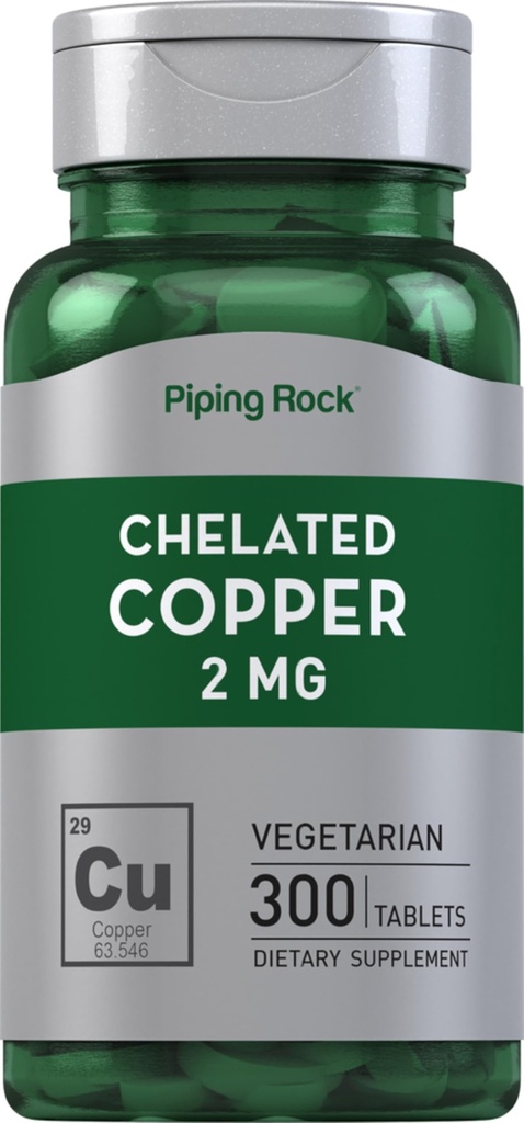 Piping Rock Chelated Copper 2 mg Supplement | 300 Tablets | Vegetarian, Non-GMO, Gluten Free