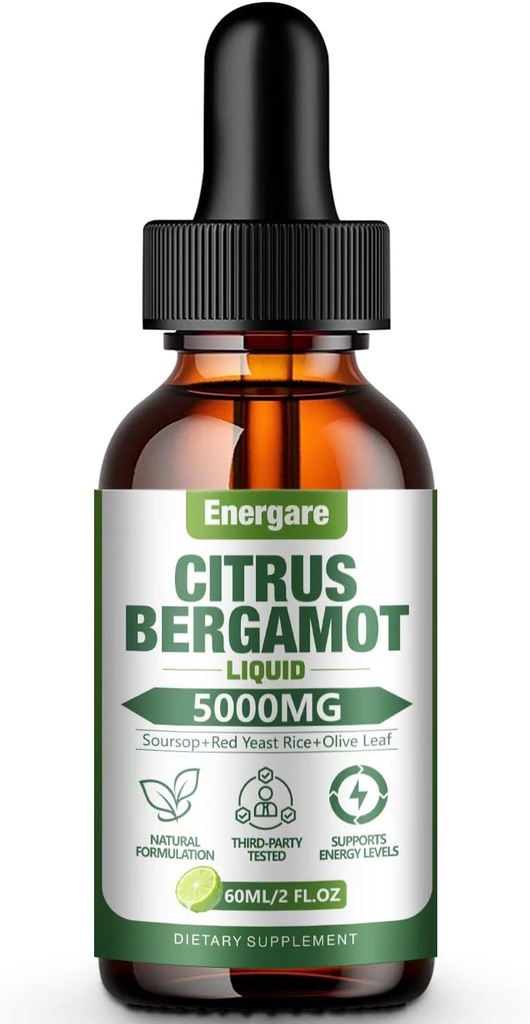 1 Pack 5000MG Citrus Bergamot Liquid Drops Suplemento para High Cholesterol-Soursop, Red Yeast Rice, Olive Leaf-All-Natural, Health Support, Immune Support, Heart Health & Antioxidant, 2 Fl Oz