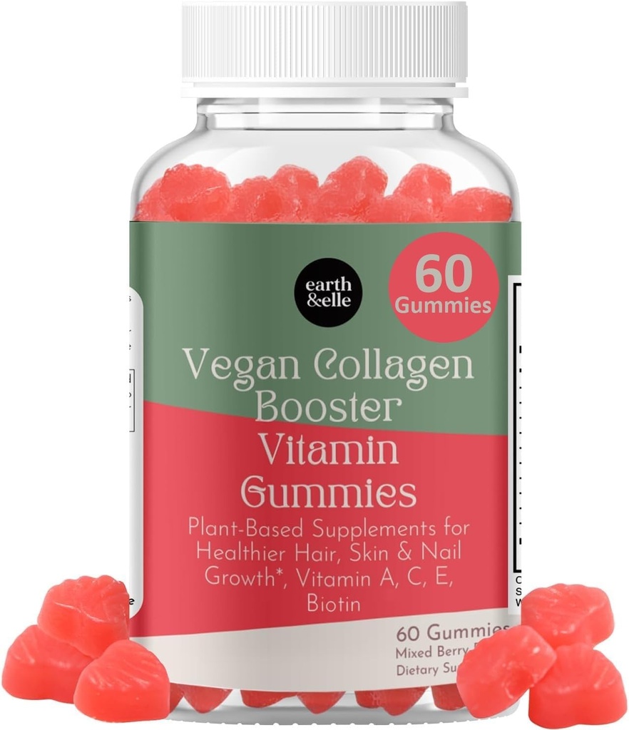 Elle Vegan Collagen Booster Gummies for Women with Biotin and Vitamins - Boosts Hair Nails and Skin Health, Anti-Aging - Delicious Sugar Free Berry Flavor - Easy to Chew - 60 Count