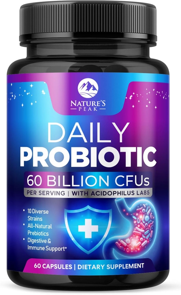 Probióticos 60 Billones CFU - 10 Estrías + Estrías Digestivas " Prebióticos - Mejor Probiótico para Hombres Mujer, Apoyo Immune, Gut Health, Estreñimiento ocasional, Diarrea, Gas " Bloating - 60 cápsulas