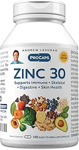 ANDREW LESSMAN Zinc 30mg - 180 Capsules - Citrato de zinc altamente absorbible. Soporta Immune, Skeletal, Digestive y Skin Health. Pequeñas cápsulas fáciles de absorber. No hay aditivos