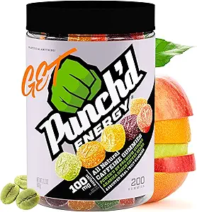 Punch'd Energy Natural Caffeine Gummies (200 Contable Value Jar) 100 mg de cafeína por 10 Gummies, Clean Label, Ultra Low Glycemic, Low Calorie, Vitamina C