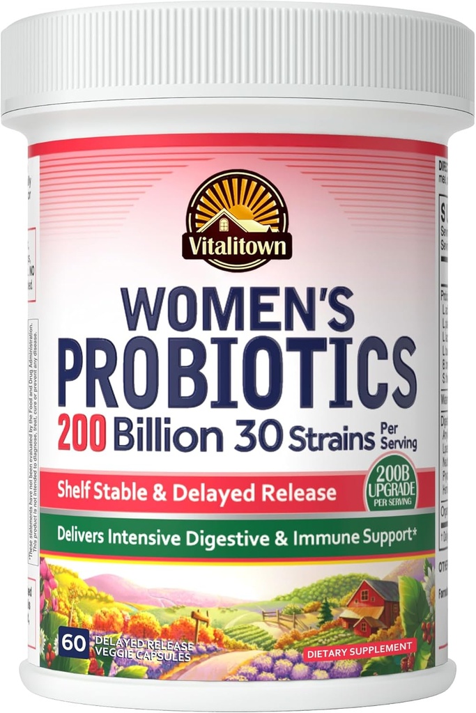 Probióticos de mujeres de Vitalitown ← 200 Billion CFUs 30 Strains TEN 60 ct TENIDO Shelf Stable, Acid Resistant ANTE Replenish Good Bacteria, Intensive Digestive & Vaginal Support TEN Vegan, Non-GMO