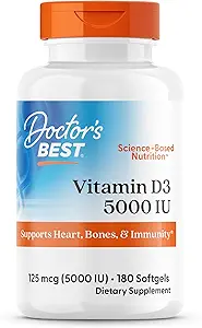 La mejor vitamina D3 5000IU, no GMO, Gluten &amp; Soy Gratis, Regula la función inmunitaria, soporta los huesos saludables, blanco, sin sabor, 180 conteo