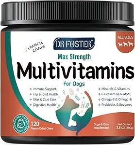 Multivitamina de perros con Glucosamina, Omega 3, Minerales, Probióticos y Enzimas, Vitaminas y Suplementos de perros para la atención conjunta, piel y carne, salud digestiva e inmunitaria, sabor de pollo - 120 Chews