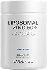 Codeage Liposomal Zinc Supplement – 3 Month Supply – One Por Day - 50 mg Zinc Gluconate Vitamin Pills - Suplementos Minerales Esenciales Zinc Plus Liposomal Delivery Matrix - Vegan Non-GMO - 100 cápsulas
