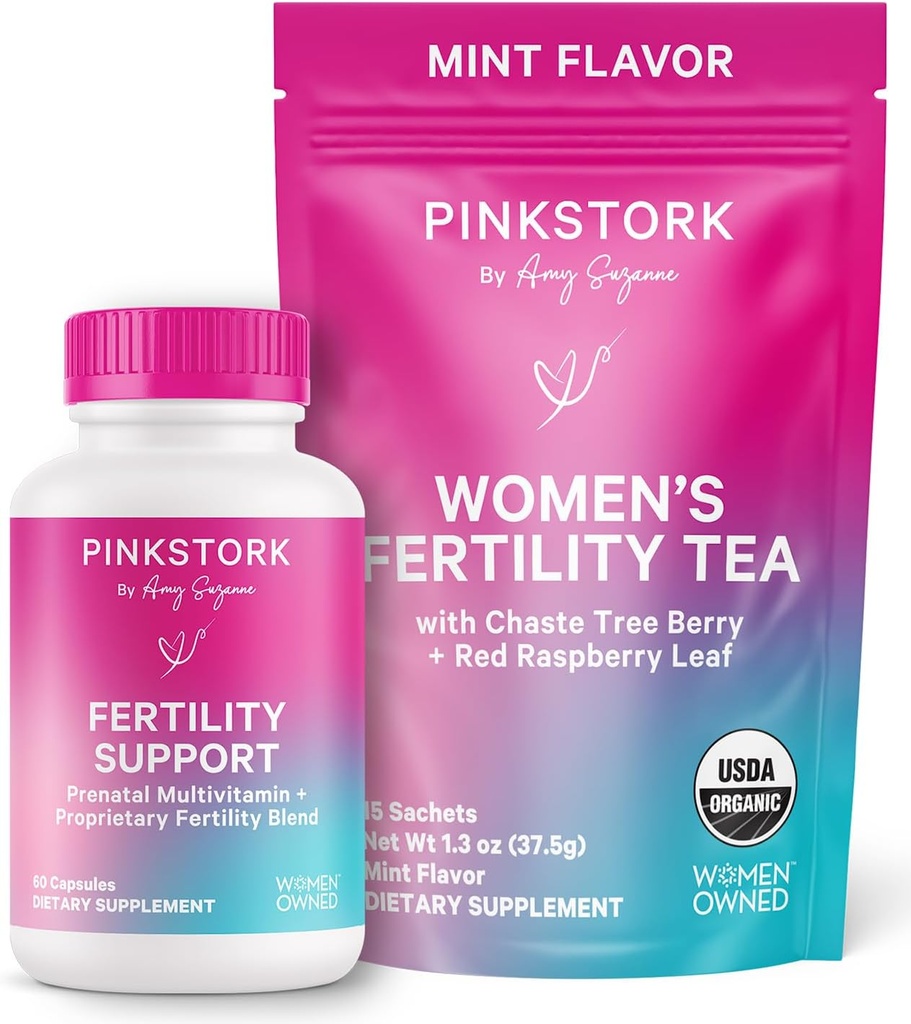 Pink Stork Fertility Bundle for Women – Conception Tea + Prenatal Vitamina Support with Inositol, Vitex, Folate " Ashwagandha – Apoya el equilibrio hormonal, Cycle Health " Preconception Wellness