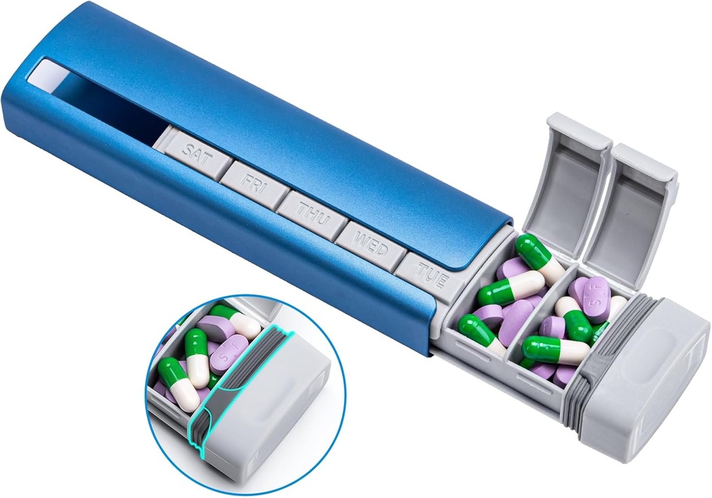 Daviky Metal Travel Pill Organizer, Premium Aluminum Pill Box 7 Day, Weekly Daily Pill Case, Stylish Pulsera Cute para medicamentos, suplementos y vitaminas (Blue+Gray)