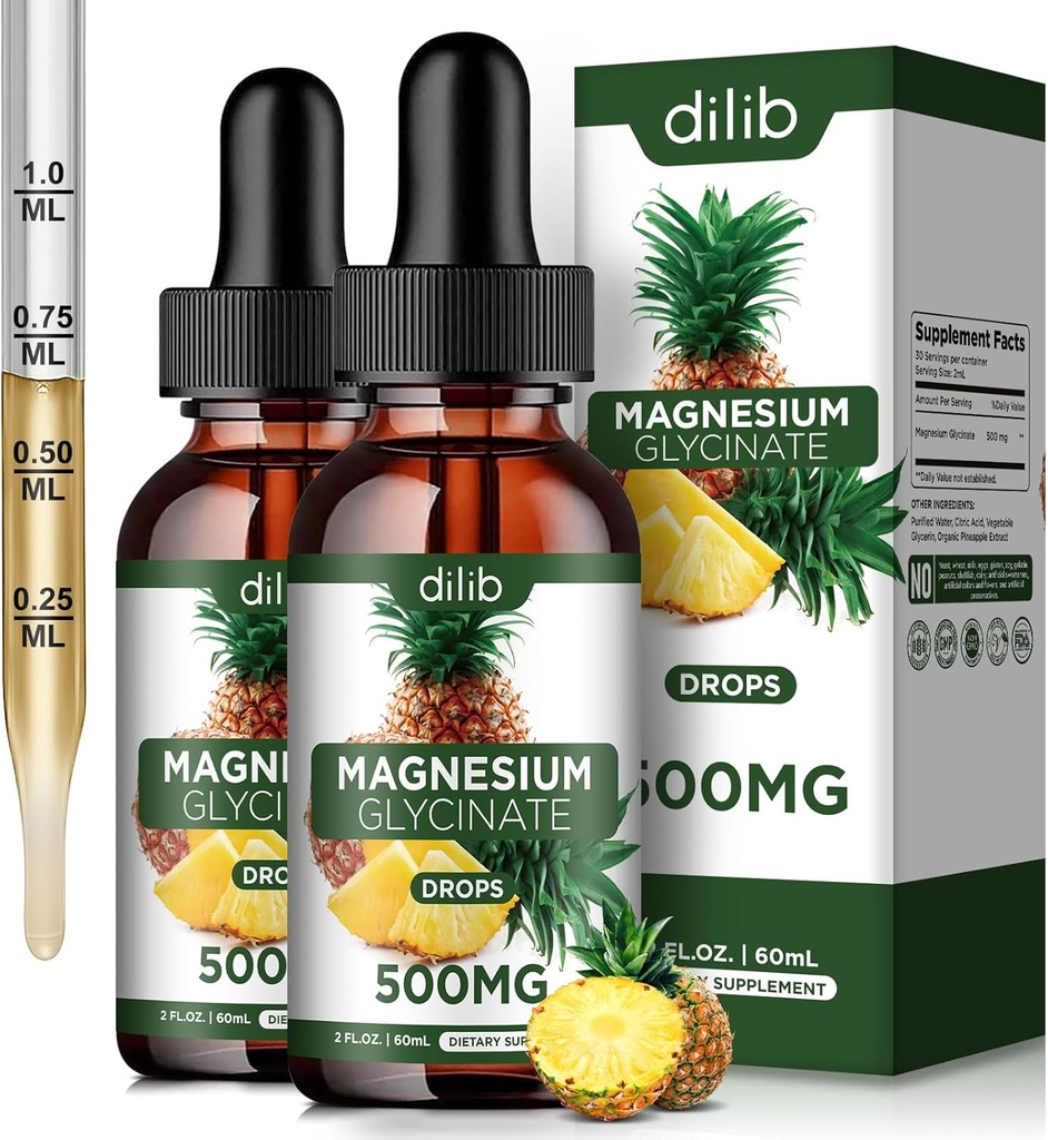 (2 Pack) Magnesium Glycinate Supplement, Liquid Magnesium Glycinate Liquid Drops 500mg-Support Stress Relief, Relaxation, Mood, Sleep, Bone & Muscle-4 Fl Oz, Vegan, Pineapple Flavor