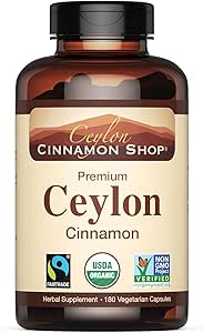 Ceylon Cinnamon Shop Organic Ceylon Cinnamon (100% certificado) Suplemento, 180 cápsulas, 3 meses de suministro
