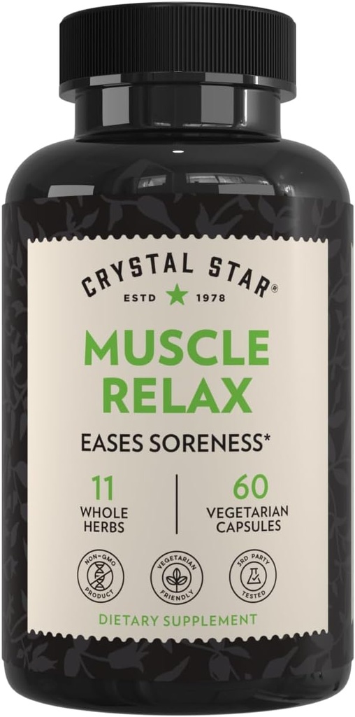 Crystal Star Muscle Relax (60 Capsules) – Herbal Relief from Sore Muscles, Cramps & Spasms – Valerian Root, Jamaica Dogwood & Cramp Bark - Non-GMO