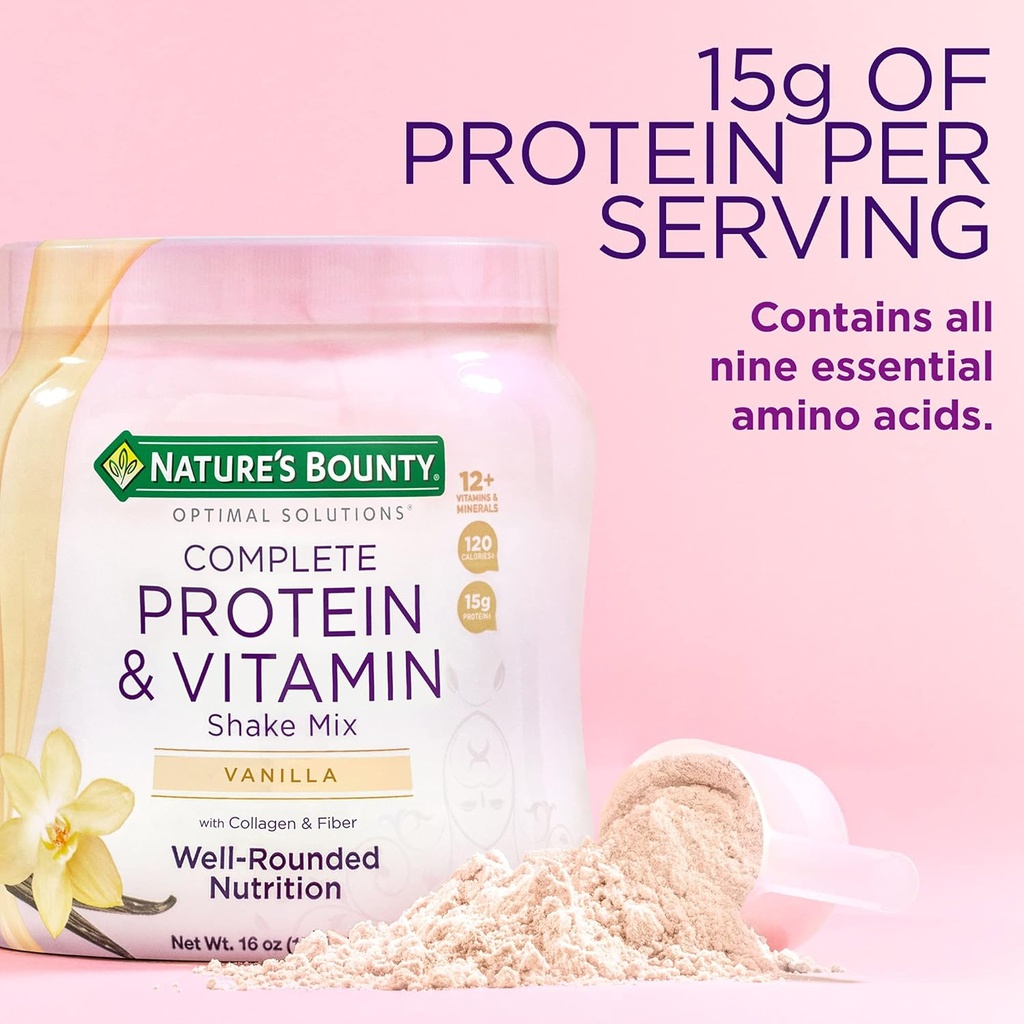 Bounty Completo Proteína &amp; Vitamin Shake Mix con Collagen & Fiber, Contiene Vitamina C para la Salud Inmunitaria, Vainilla Flavored,1 Libra (Pack of 2)